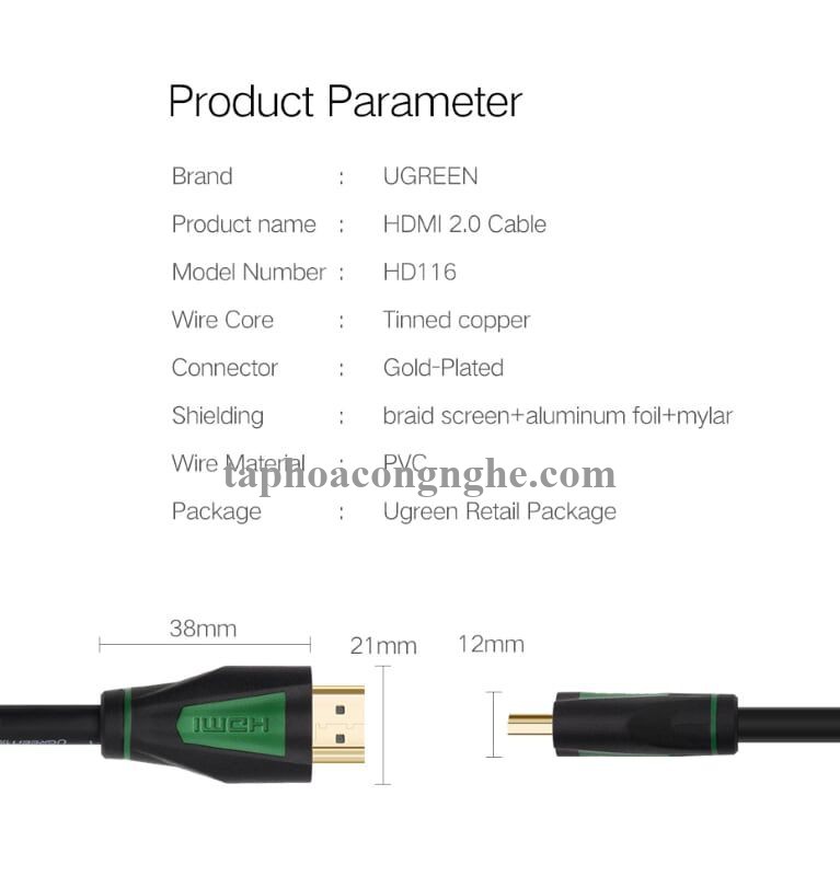 Ugreen 30193 5M màu Đen Cáp tín hiệu HDMI chuẩn 1.4 hỗ trợ phân giải 4K * 2K HD116 30030193